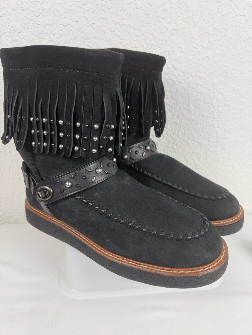 Coach | Roccasin | Shearling Fringe Boots | Black Suede |‎ Women's 9B